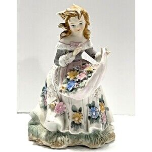 Vintage Lefton China KW133B Hand Painted Girl with Flowers Figurine Japan, EXCL